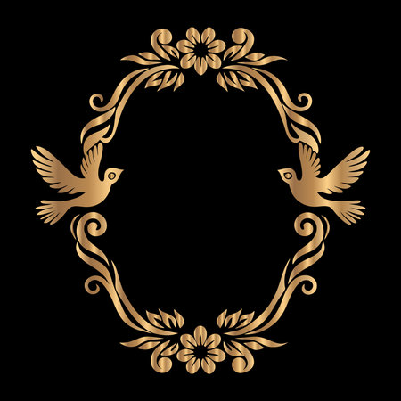 Golden floral frame with birds and flowers on black background. Vector illustration.のイラスト素材