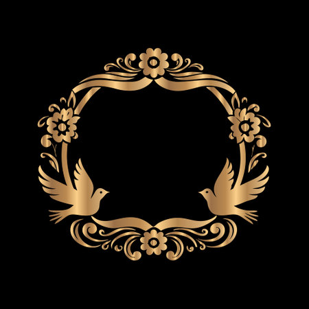 Golden frame with birds and flowers on black background. Vector illustration.のイラスト素材