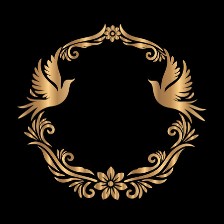 Vector gold laurel wreath on black background. Luxury design element.のイラスト素材