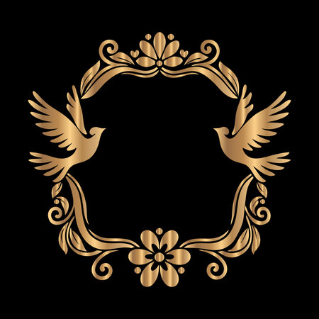 Vector gold laurel wreath with birds and flowers on black backgroundのイラスト素材