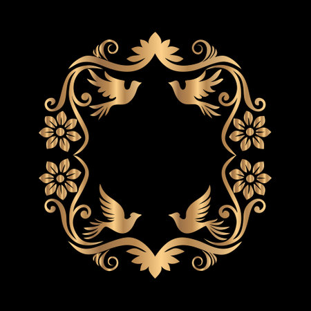 golden floral frame with doves and flowers on a black backgroundのイラスト素材
