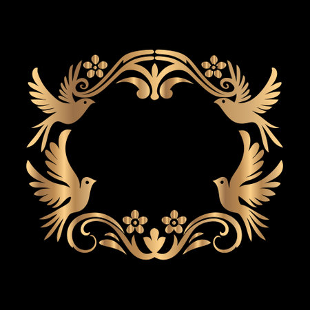 golden floral frame with birds and flowers on black background vector illustrationのイラスト素材