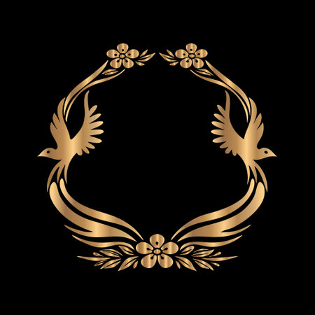 golden laurel wreath with birds and flowers on black backgroundのイラスト素材