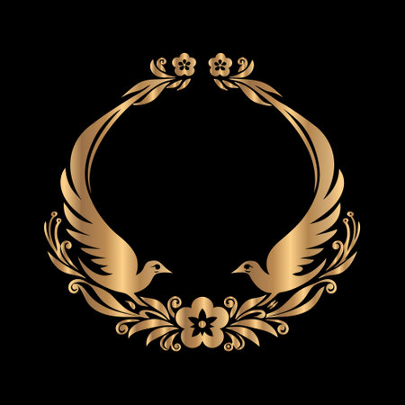 golden laurel wreath with birds and flowers on black backgroundのイラスト素材