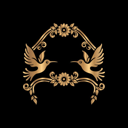Vector illustration of a pair of birds with floral ornament on black background.のイラスト素材
