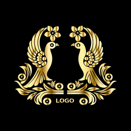 Two pigeons in golden laurel wreaths on black background.のイラスト素材