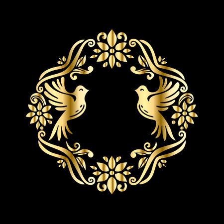 Vector golden floral wreaths with birds on a black background.のイラスト素材