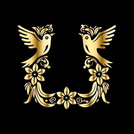 Luxury golden laurel wreath with birds and flowers on black background.のイラスト素材