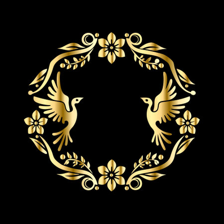Golden laurel wreath with birds and flowers. Vector illustration.のイラスト素材