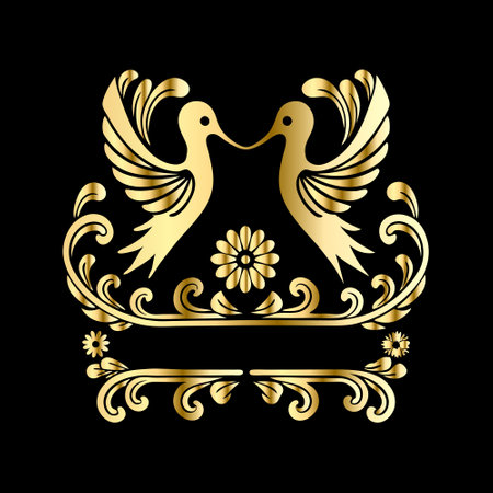 illustration of two birds with flowers in gold on a black backgroundのイラスト素材