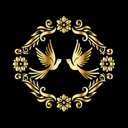 golden doves in a wreath of flowers on a black backgroundのイラスト素材