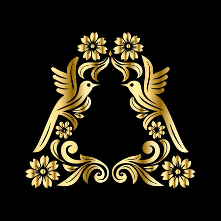 Luxury gold floral monogram with birds and flowers. Vector illustrationのイラスト素材