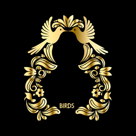 Illustration of gold bird with laurel wreath on black backgroundのイラスト素材