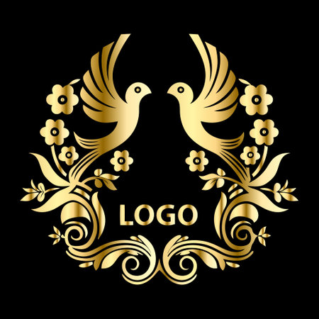 golden dove with flowers on a black background. vector illustration.のイラスト素材