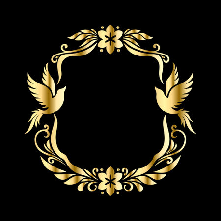 Vector golden vintage frame with wings and flowers on a black background.のイラスト素材