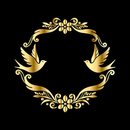 Vector golden frame with birds and laurel wreath isolated on black background.のイラスト素材