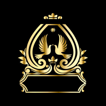 Elegant golden heraldic shield with two pigeons. Vector illustration.のイラスト素材