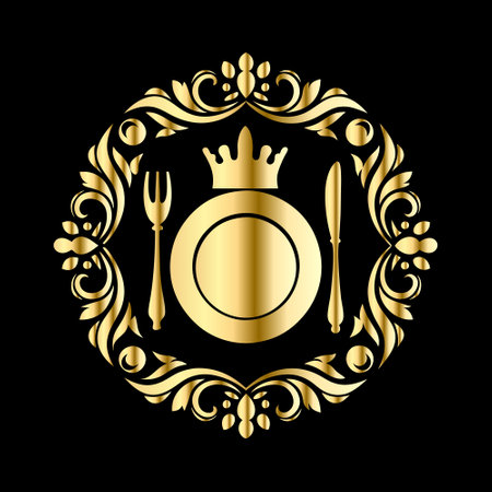 Luxury restaurant menu with golden royal crown, cutlery and ornament. Vector illustrationのイラスト素材