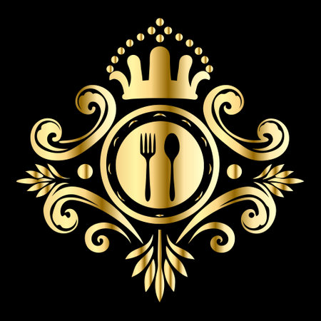 Luxury golden monogram with royal crown, spoon and forkのイラスト素材