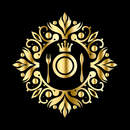 Restaurant menu design. Luxury golden emblem. Vector illustrationのイラスト素材