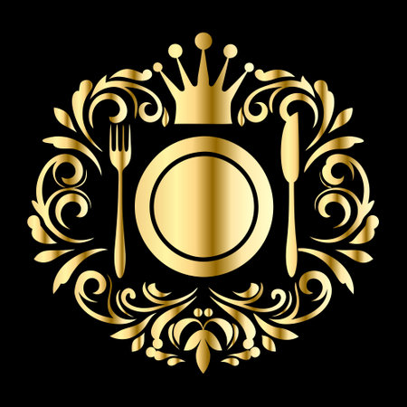 Vintage gold plate, cutlery and crown. Vector illustrationのイラスト素材