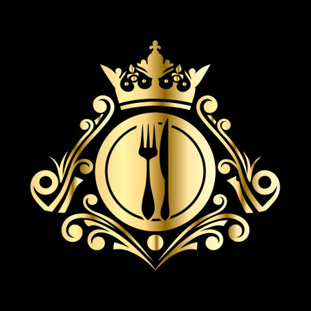 Fork and spoon in golden heraldic shield. Vector illustration.のイラスト素材