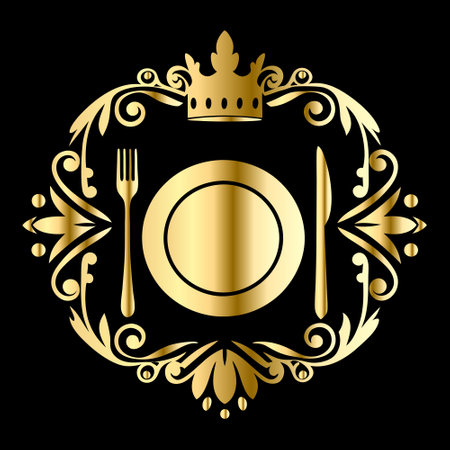 Vintage golden plate, cutlery and crown. Vector illustrationのイラスト素材