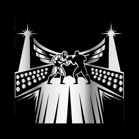 Two men fighting on the bridge. Black background. Vector illustration.のイラスト素材