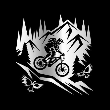Mountain biker on a mountain bike. Vector illustration on black background.のイラスト素材