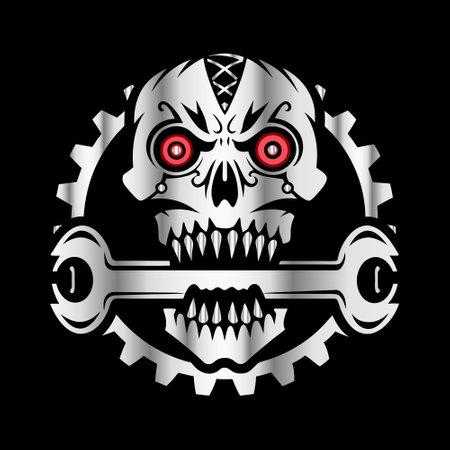 Skull with gears and wrench. Vector illustration on black background.のイラスト素材