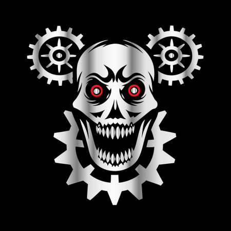 Skull with gears and cogwheels. Vector illustration on black background.のイラスト素材