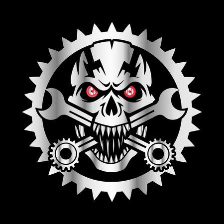 Skull with a wrench in the gear. Vector illustration on black background.のイラスト素材