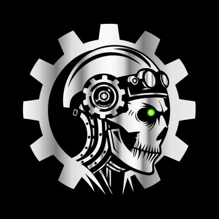 Cyborg head with gear wheel on black background. Vector illustration.のイラスト素材