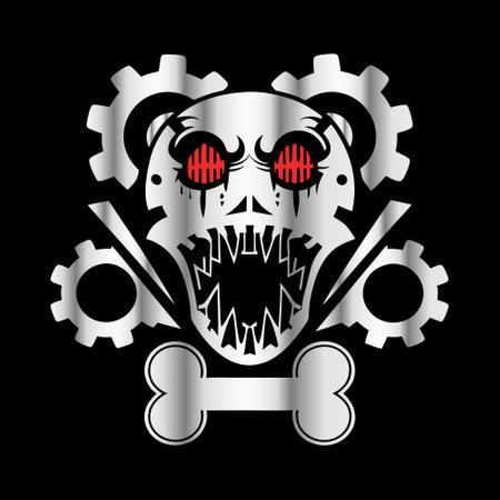 panda head with gears and bones on black background. vector illustrationのイラスト素材