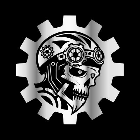 Cyborg head with gear wheel on black background. Vector illustration.のイラスト素材