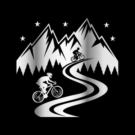 Mountain bikers in the mountains. Vector illustration on black background.のイラスト素材