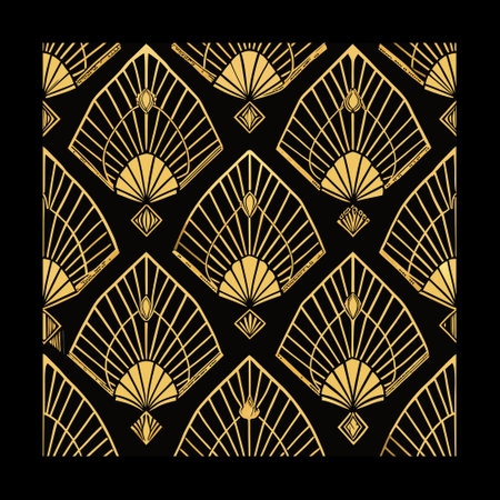 Seamless pattern with decorative fan on black background. Vector illustration.