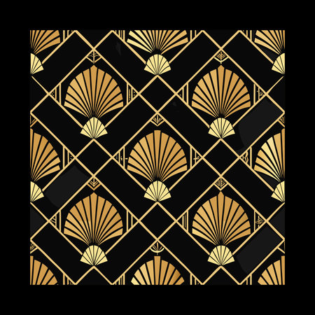 Seamless pattern with golden fan on black background. Vector illustration.のイラスト素材