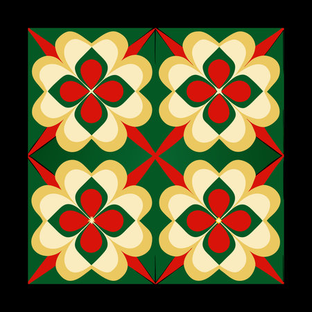 Seamless patchwork pattern with decorative flowers on black background.