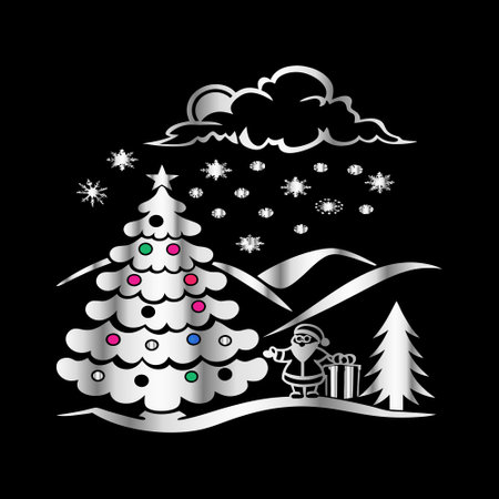 Christmas tree with gifts and snowflakes. Vector illustration on black background.のイラスト素材