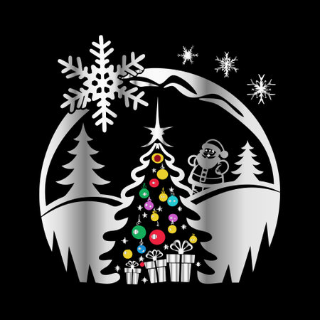 Christmas tree and snowflakes on black background. Vector illustration.のイラスト素材