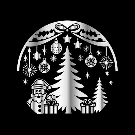 Christmas tree with Santa Claus and gifts. Vector illustration on black background.のイラスト素材
