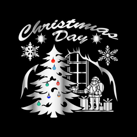 Christmas and New Year greeting card. Silhouette of Santa Claus, Christmas tree, gifts and snowflakes.のイラスト素材