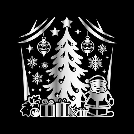 Christmas tree and Santa Claus with gifts. Vector illustration on black background.のイラスト素材