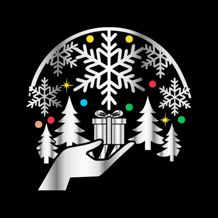 Christmas background with hand holding gift box and snowflakes. Vector illustration.のイラスト素材