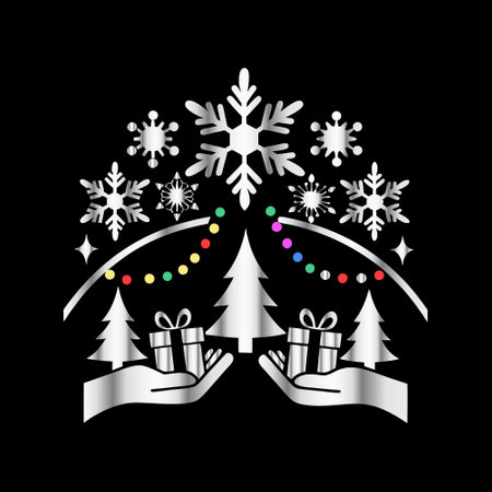 Christmas tree and gifts in hands on a black background. Vector illustration.のイラスト素材