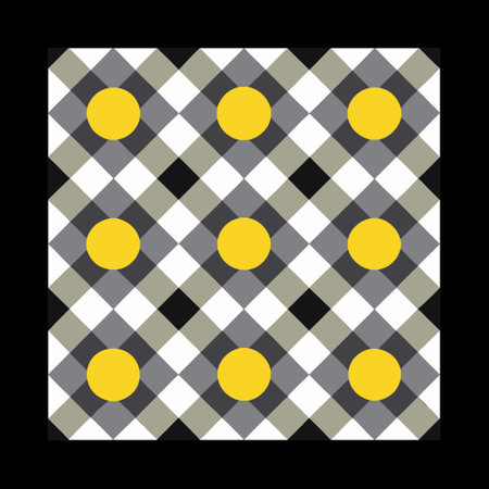 Checkered pattern with yellow and white circles on a black background