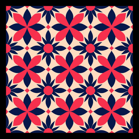 Seamless pattern with red and blue flowers on a black backgroundのイラスト素材