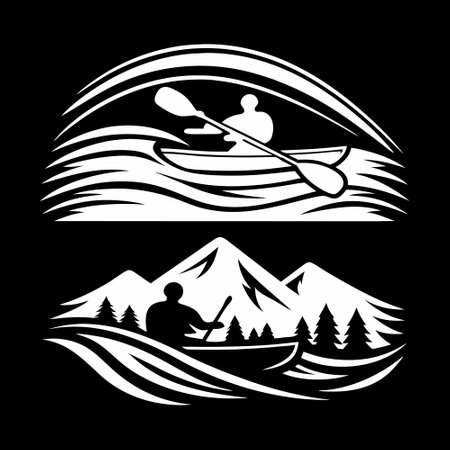 kayak and canoe in the mountains. vector illustration on black backgroundのイラスト素材