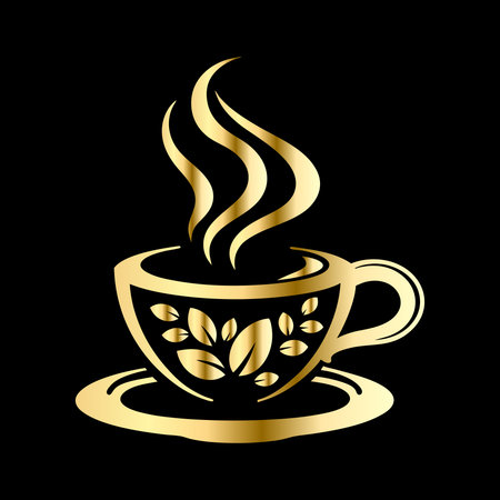 Cup of coffee with gold ornament on black background. Vector illustration.のイラスト素材